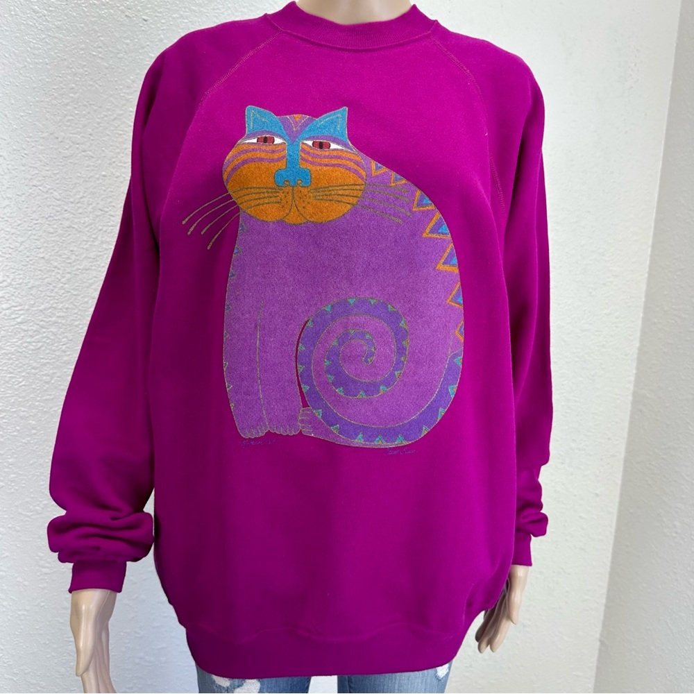 Laurel Burch Magenta Crewneck Sweatshirt with Colorful Cat Graphic